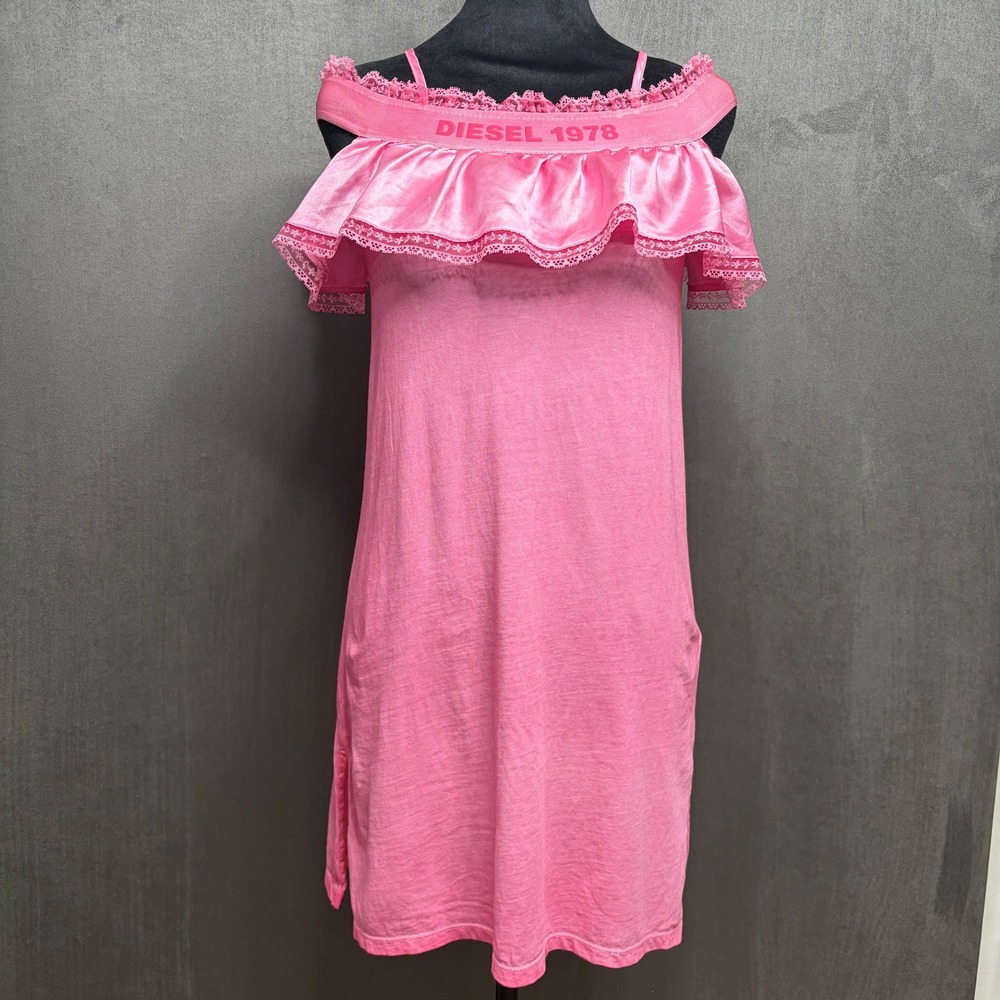 Diesel Off Shoulder Mini Dress Womens 10 Pink Ruffle Lace Kawaii Coquette Y2K